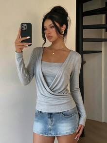 Sookaug Minimalist Sexy Style 2 In 1 Low Neck Knit Sweater Women's Design Deep V-Neck Criss-Cross Draped Long Sleeve Grey Base Layer Top - Grey - View 4