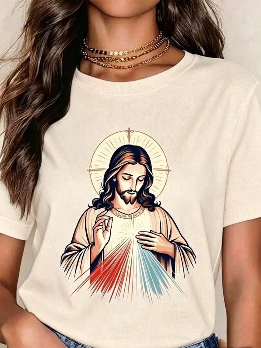 Camiseta Blanca con Estampado Religioso del Sagrado Corazón de Jesucristo, Regalo de Fe Cristiana para Pascua y Navidad - Estilo Urbano Vintage, Unisex, de Algodón, Manga Corta, Cuello - Albaricoque - Ver 1