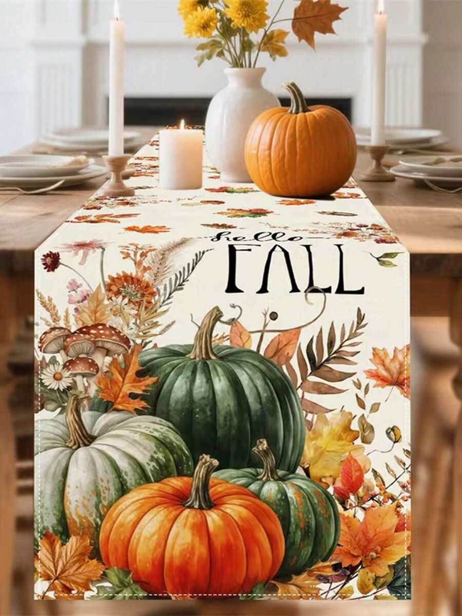 1pc Autumn Table Runner With Hello Fall Slogan Multicolor Pumpkins Red Mushrooms Maple Leaves Dried Flowers Patterns, Ideal For Farmhouse Table, Dining Room & Kitchen Decor - Multicolor - View 1