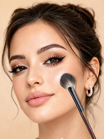 Pinceau de maquillage en forme de secteur, tête de pinceau facial douce, pinceau enlumineur, manche en bois portable