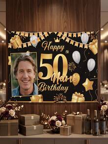 1pc - Customized Happy Birthday Backdrop, Customized Black & Gold Theme Printed Poster - Personalized Birthday Party Customized Photo And Name Poster - Suitable For Party Decoration Supplies, Birthday Gifts, Gallery Decor And Photo Props, Party Decoration, Unique Personalized Background Photography And Display, Party Decoration, Multi-Functional, Durable, Highly Decorative, Summer Holiday - Multicolor - View 4