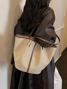 Bolso tote de gran capacidad con diseño de bloques de color y patchwork - Marrón - Ver 3