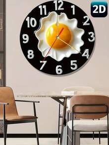 1pc 10"/12" 2D Flat Design Wooden Wall Clock, Breakfast Theme, Black Background, White Numbers & Fried Egg Illustration, Classic Kitchen Or Restaurant Decor, Multi-Functional Practical Clock - Multi-color 3 - View 9