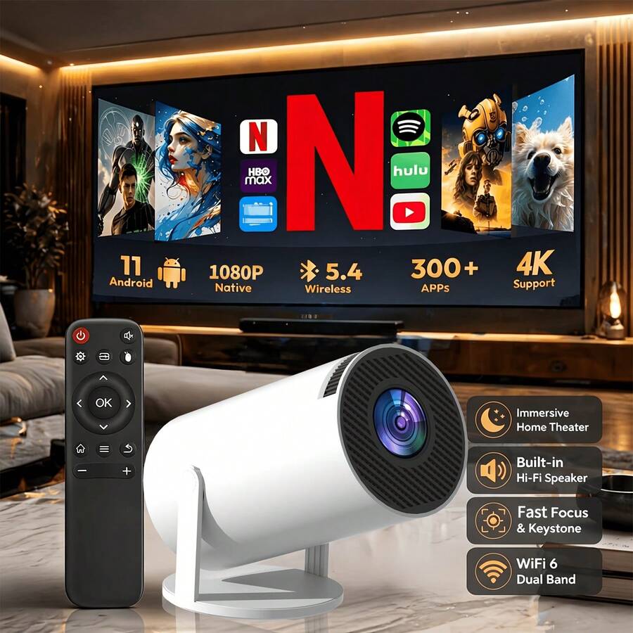 Compact Lightweight Mini Projector Designed For Android Users. Supports 4K High Definition And Local 720P Resolution, Making It An Ideal Choice For Home Theater Setup Due To Its Built-In Application System. - White - View 1
