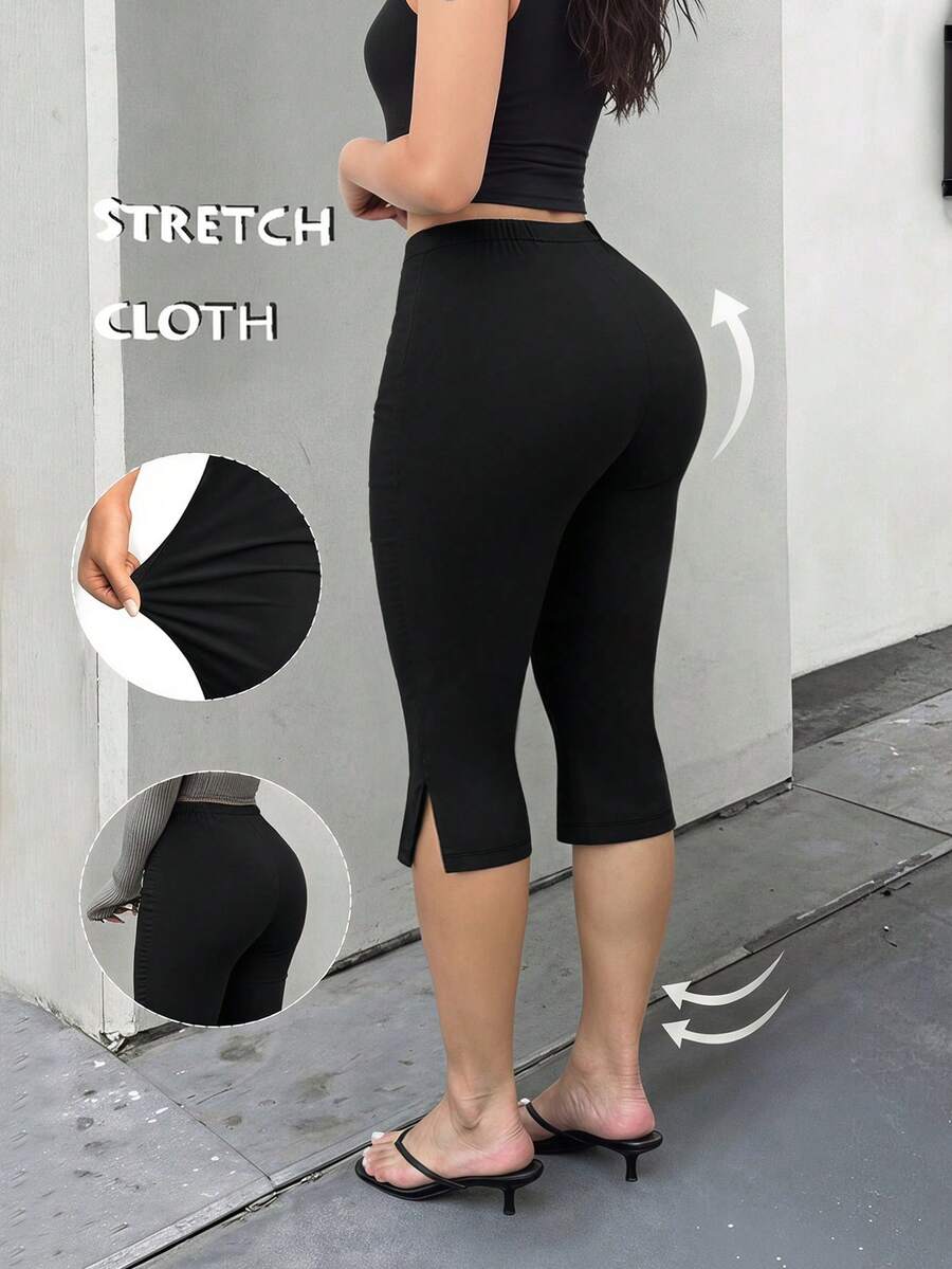 Women's Solid Color Casual Versatile Daily Wear Capri Pants Black - Black - View 1