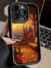 1 buah Casing Ponsel Motif Daun Maple Matahari Terbenam Musim Gugur Tangga Tianyan, Bingkai Kulit Hitam, Pelindung TPU Lembut Tahan Guncangan, Kompatibel dengan Ponsel GALAXY, HONOR - Hitam - View 1