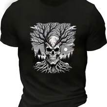 Gothic T-Shirt With Skull Horns And Forest Roots Print For Men, Dark Fantasy Contrast T-Shirt, Short Sleeve With Super Breathable Round Neck. - Shape - View 1