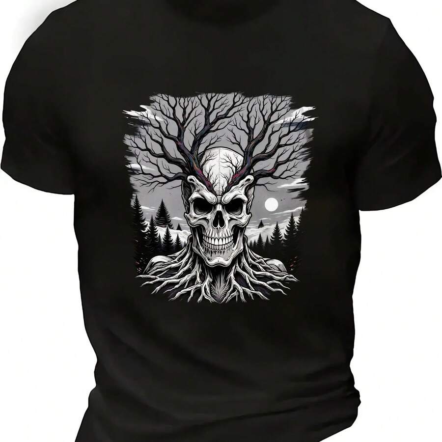 Gothic T-Shirt With Skull Horns And Forest Roots Print For Men, Dark Fantasy Contrast T-Shirt, Short Sleeve With Super Breathable Round Neck. - Shape - View 1