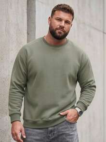 Spring/Autumn Plus Size Men's Solid Color Crew Neck Sweatshirt, Contrast Stitch Raglan Sleeve Loose Casual Basic Long Sleeve Top - Green - View 1