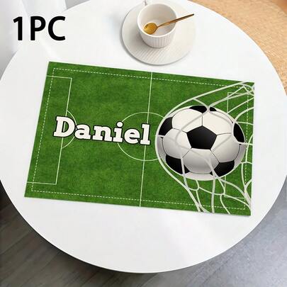 1/2/4/6pcs Customizable Name Cartoon Creative Football Pattern Placemats Available Featuring A Soccer Field Design. These Washable Decorative Items Are Perfect For Sports Enthusiasts And Can Be Used As Side Table Covers, Farmhouse Table Mats