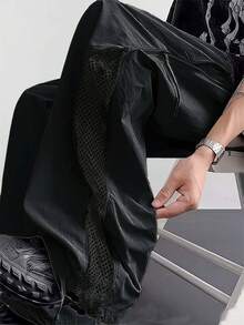 American Street Style Side Zipper Mesh Patchwork Parachute Pants Men's Outdoor Loose Straight Leg Long Pants - Black - View 2