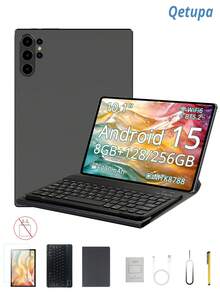 Qetupa Tablet Android 15 inci 10,1 inci dengan casing pelindung, pelindung layar, keyboard dan stylus, RAM 8GB + penyimpanan 128/256GB (dapat diperluas hingga 1TB), layar sentuh 1280x800, kamera depan 5MP dan kamera belakang 13MP, baterai 6000mAh (charger tidak termasuk). - Hitam - View 1