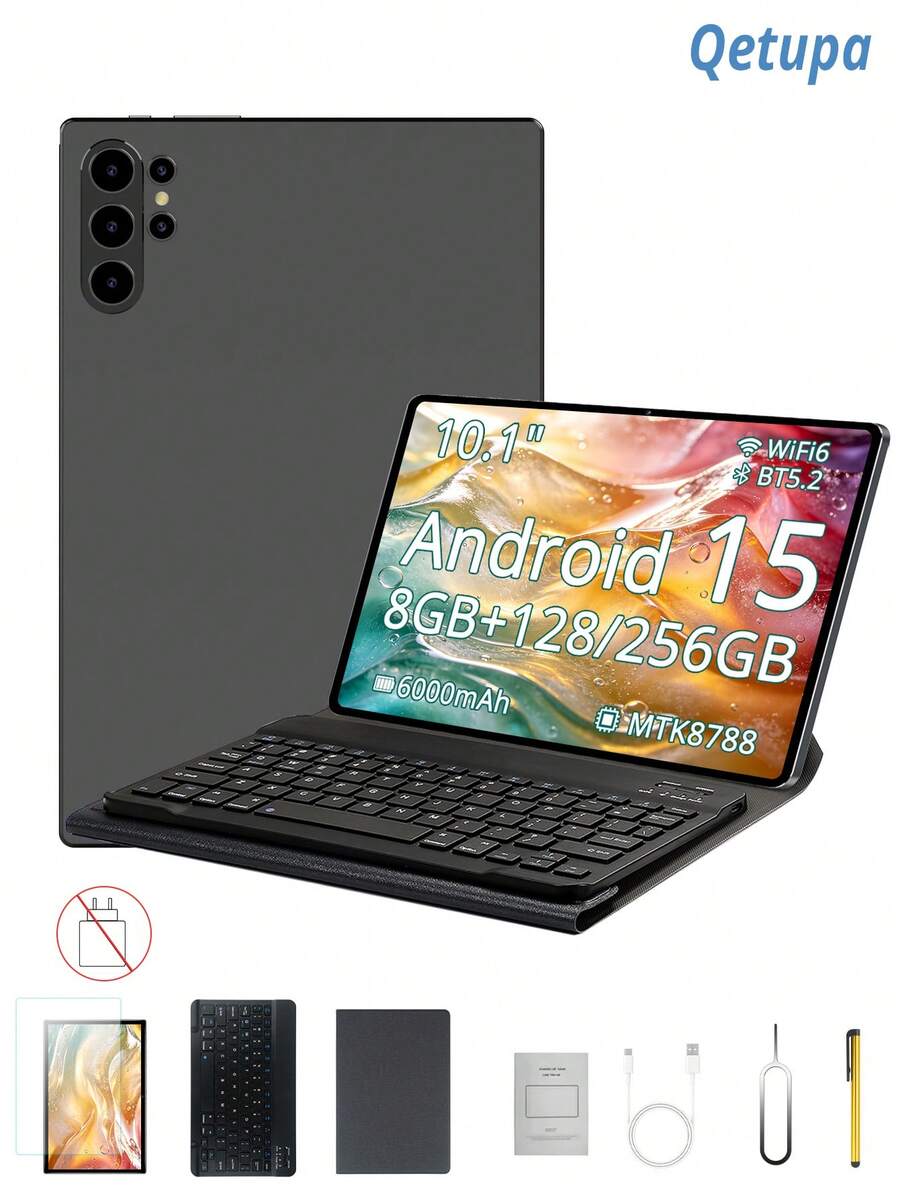 Qetupa Tablet Android 15 inci 10,1 inci dengan casing pelindung, pelindung layar, keyboard dan stylus, RAM 8GB + penyimpanan 128/256GB (dapat diperluas hingga 1TB), layar sentuh 1280x800, kamera depan 5MP dan kamera belakang 13MP, baterai 6000mAh (charger tidak termasuk). - Hitam - View 1