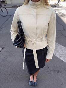 Women's Apricot Non-Stretch Regular Jacket, Stand Collar Long Sleeve, Waist Tie, Suitable For Daily Commute And Casual Wear - Apricot - View 5