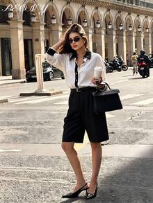ELVA 女款秋季休閒通勤百搭辦公面試優雅拼接色襯衫，適合返校季、情人節、海灘，白色 - 白色 - 查看 1