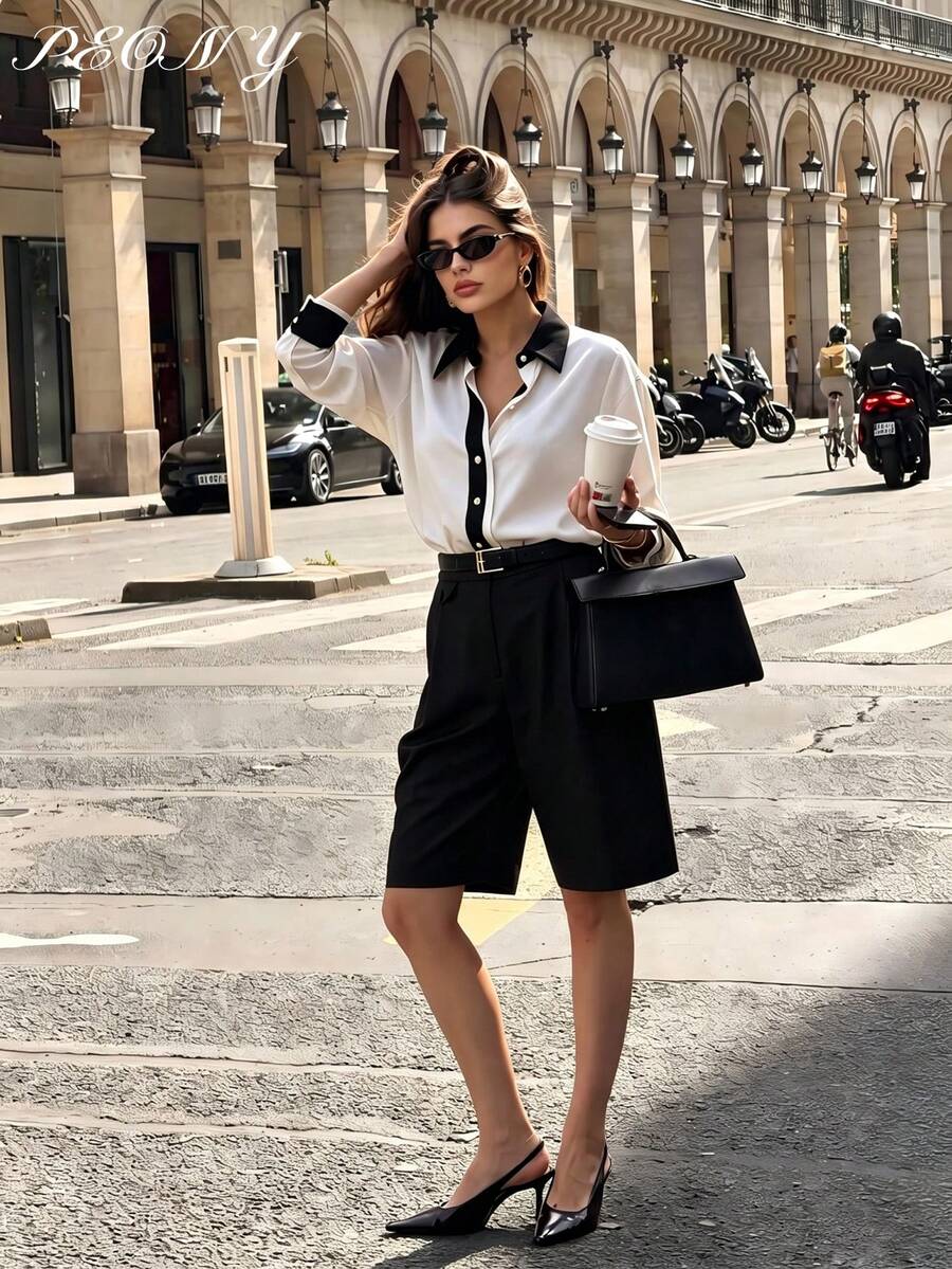 ELVA 女款秋季休閒通勤百搭辦公面試優雅拼接色襯衫，適合返校季、情人節、海灘，白色 - 白色 - 查看 1