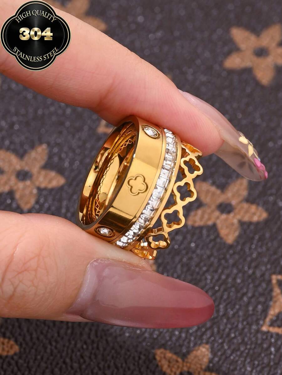 2026 New 14K Gold Plated Lucky Four-Leaf Clover Ring, Fashion Creative Design, Waterproof Stainless Steel Material Never Fade, Suitable For Daily Wear, Party And Mother's Day Gift - Silver - View 1