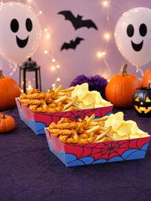 10pcs/30pcs/50pcs Halloween Spiderweb-Patterned Paper Food Trays Featuring A Red And Blue Design; Disposable Containers Suitable For Holding Snacks, Cookies, And Candy Perfect For Halloween, Day Of The Dead, And Birthday Party Decor. - Multicolor - View 3