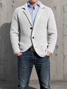 Men Waffle Knit Blazer Cardigan Lapel Two Button Long Sleeve Casual Knit Coat - Caramel Color - View 5
