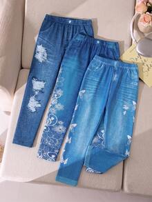 Conjunto de 3 piezas de pantalones ajustados con estampado de mezclilla para niña - Azul - Ver 3