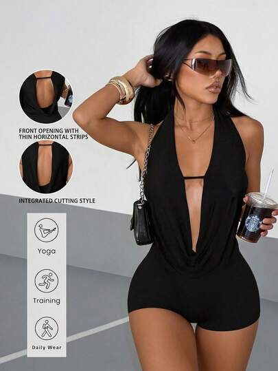 Mono sin espalda para mujer de AiTyi, adecuado para gimnasio, yoga al aire libre, casual y cómodo, mono negro, estilo Y2K, ropa deportiva para mujer, mono para fiesta, excelente para graduación y temporada de regreso a clases, conjunto de verano elegante