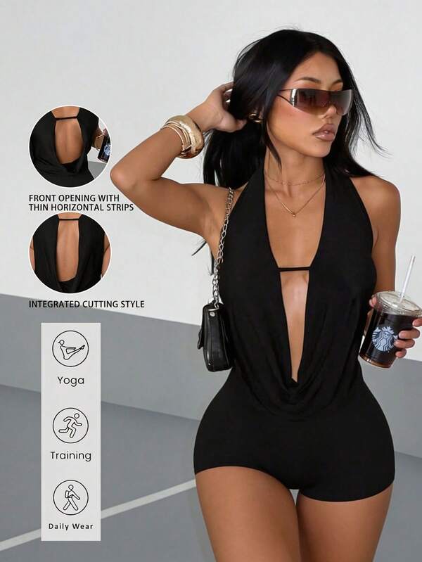 Mono sin espalda para mujer de AiTyi, adecuado para gimnasio, yoga al aire libre, casual y cómodo, mono negro, estilo Y2K, ropa deportiva para mujer, mono para fiesta, excelente para graduación y temporada de regreso a clases, conjunto de verano elegante