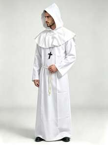 1 Set Men's Halloween Cosplay Medieval Cloak Monk Robe Wizard Priest Gown With Hood, Waist Rope & Necklace - White - View 4