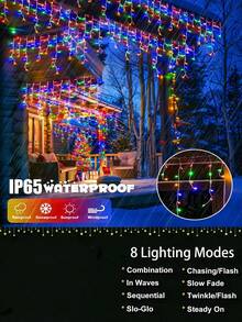 1件裝太陽能LED冰柱串燈,96/160顆LED太陽能窗簾燈,IP65防水,8種燈光模式,適用於花園、庭院、屋簷、陽台、窗戶、派對、婚禮、露營、聖誕派對裝飾,懸掛式仙女燈 - 黑色 - 查看 5
