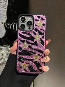 1pc Pink Zebra Stripe Rhinestone Star Color Block Leather Inlaid Crystal Anti-Drop Spray Painted Phone Case For 18promax/17pro - Pink - View 6
