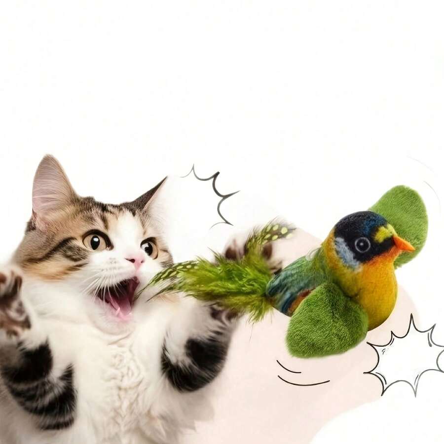 Realistic Cat Toy With Squeaking Sound, Plush Feather Cat Toy - Handmade Artificial Feather Cat Toy With Built-In Whistle And Touch Sensor, Battery-Free Smart Sensing Interactive Plush Bird Toy, Durable Feathers To Stimulate Hunting Instinct, Hanging Bird Toy Suitable For Solo Play And Hunting Fun, Suitable For All Breeds, Interactive Cat Toy, Pet Entertainment Design, Attract Pet Activity, Battery-Free