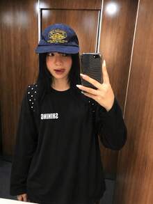 Loose Crew Neck Long Sleeve T-Shirt For Women, Minimalist Letter Print, Y2K Base Layer Top, Autumn - Black - View 4