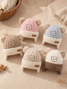 1pc Baby Cartoon Bear Embroidered Plush Ear Cable Knit Fabric Warm Windproof Cute Style Ear Protection Knit Hat Autumn/Winter Outdoor Daily - Multicolor - View 4