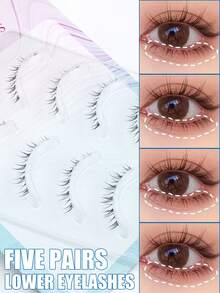 5 Pairs Cat Ear Faux Lower Eyelashes, Ultra-Fine Transparent Stem, Comfortable For Beginners, Hair-Flow Style, Korean & Japanese Light Makeup, Suitable For Dates And Parties, Multiple Styles - Black - View 2