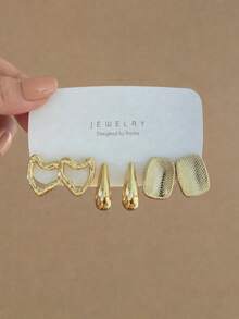 6-18pcs/Set Fashion Creative Heart, Water Drop, Asymmetric Wave, Geometric Polygon Women's Gold Earrings Set, Elegant Versatile, Suitable For Daily Wear - Yellow Gold - View 6