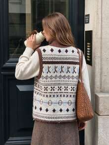 Women's Autumn/Winter Vintage Pattern Stand Collar Zipper Knit Cardigan Vest, Simple Casual Sweater Top, Versatile Style - Brown - View 4