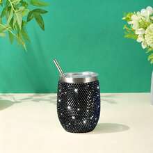 12oz Sparkling Rhinestone Straw Cup With Lid, 304 Stainless Steel Double-Wall Vacuum Insulated Wine Egg Cup, Travel And Vacation Essential - Multicolor - View 9