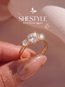 1pc 925 Sterling Silver Flower Rhinestone Ring, Exquisite Jewelry Gift For Women, Suitable For Dating - Three Diamonds - View 2