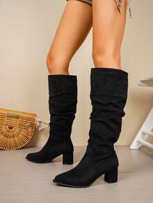 Women's Pointed Toe Ruched Stacked Knee-High Boots, New Autumn/Winter Chunky Heel Slim Elastic Tall Boots - Black - View 3