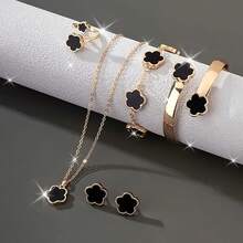 6Pcs Classic Lucky Flower Women's Necklace Pendant + Earrings + Ring + Bracelet + Bangle Set, Minimalist Elegant Design, Birthday Wedding New Year Valentine's Day Celebration Festival Fashion Women's Jewelry Set, Five-Leaf Clover Five-Petal Design, 6-Piece Set - Multicolor - View 12