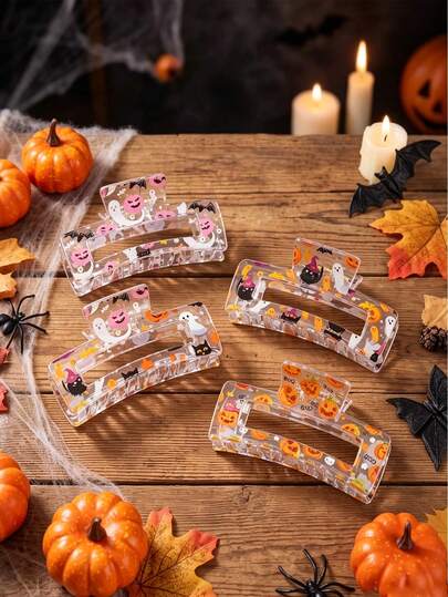 4pcs New Printed Square Transparent Claw Clips Halloween Pumpkin Ghost Pattern Hair Clips Women Back Head Bun Hair Claw Hair Accessories