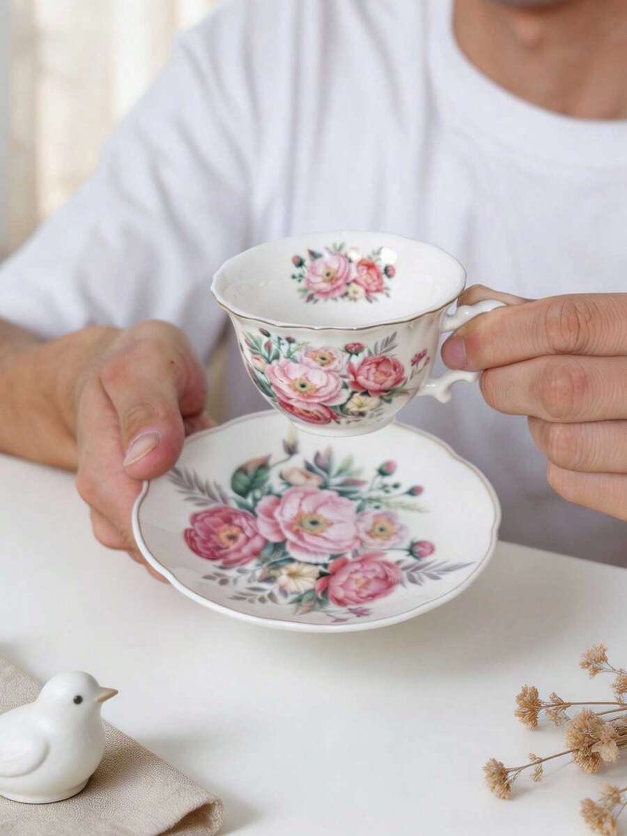 1pc 80ml Mini Espresso Cup With Saucer, Vintage Rose Floral Ceramic Coffee Cup, Korean Ins Style, Gold Rim Design, Suitable For Coffee, Tea, Latte, Home Decor And Gift - White - View 1