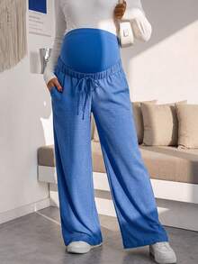 Maternity Blue Wide Leg Pants, Loose Fit, High Waist With Belly Support And Drawstring Waist, Casual Daily Wear And Home Loungewear - Blue - View 4