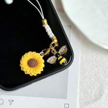 1/2pcs Rhinestone Bee & Sunflower Phone Charm Pendant, Creative Small Accessory, Suitable As Gift - Multicolor - View 4
