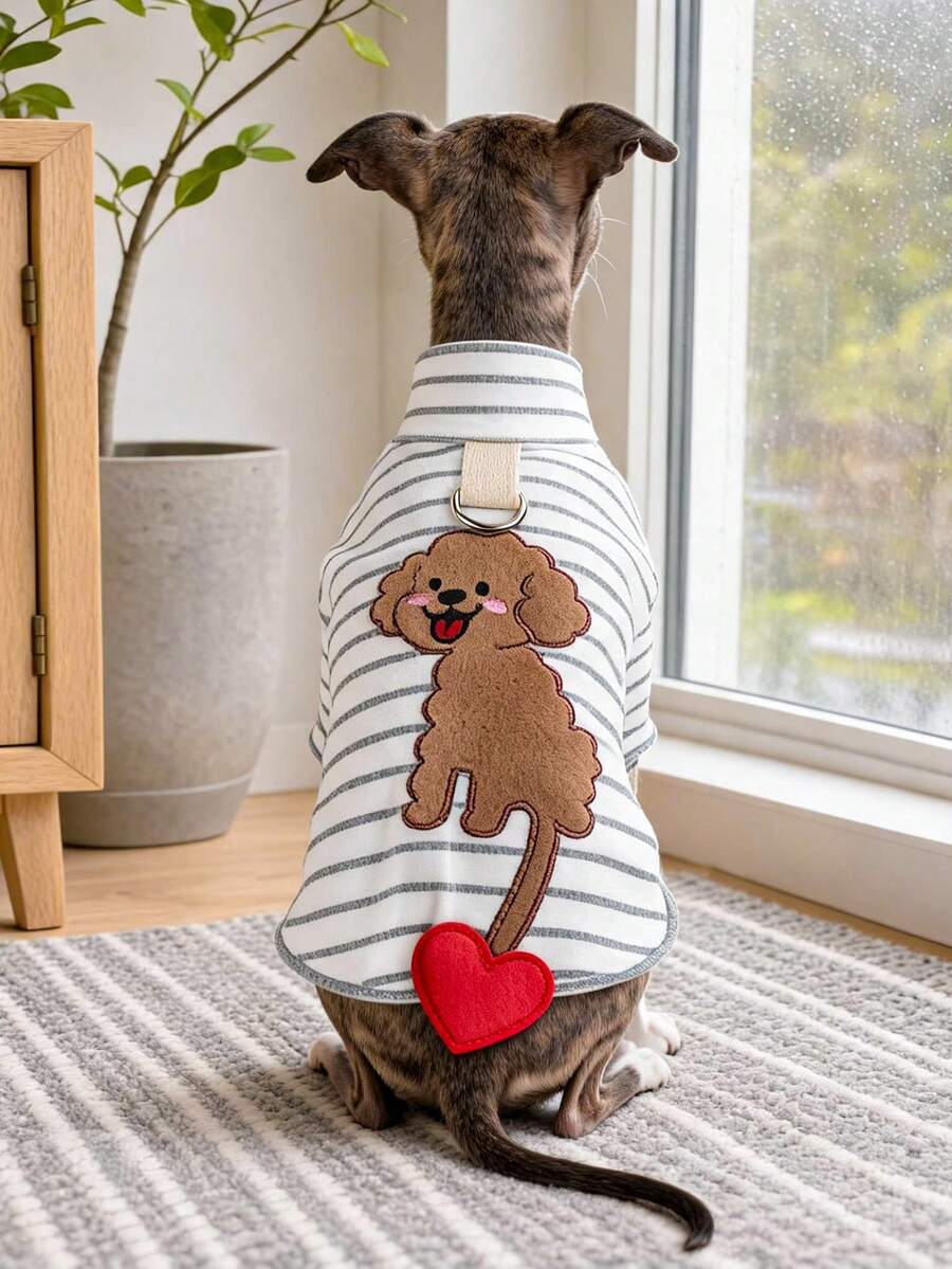 PETCIRCLE 1件寵物衣服 小狗幼犬貓用 可愛柔軟透氣舒適 外出用 附牽繩扣 心形狗條紋底層衣 - 彩色 - 查看 1