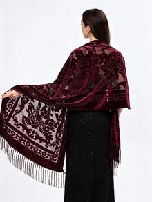 1件女款酒紅色手工蕾絲天鵝絨玫瑰流蘇圍巾，時尚百搭新風格派對披肩，優雅圍巾 - 酒紅色 - 查看 2