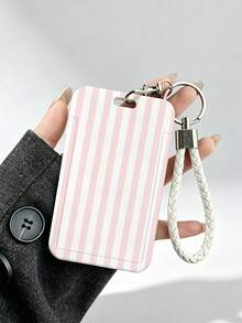 New Minimalist Striped Pattern (Random Print Distribution) Card Holder (Card Holder + Keychain), Suitable For Student ID, Meal Card, Bus/Metro Card And Access Card, With Bag Hanging, Keychain, Wallet And Bank/Credit Card Storage Functions, Equipped With Sliding Cover Design And Lanyard, Made Of Durable Plastic Material, Sturdy And Long-Lasting, Effectively Protects Work ID, Essential For Holiday Travel And University Life - Multicolor - View 2