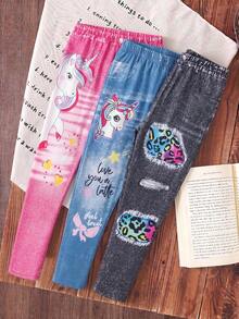 3pcs Young Girl Denim Print Slim Fit Pants Set - Hot Pink - View 2
