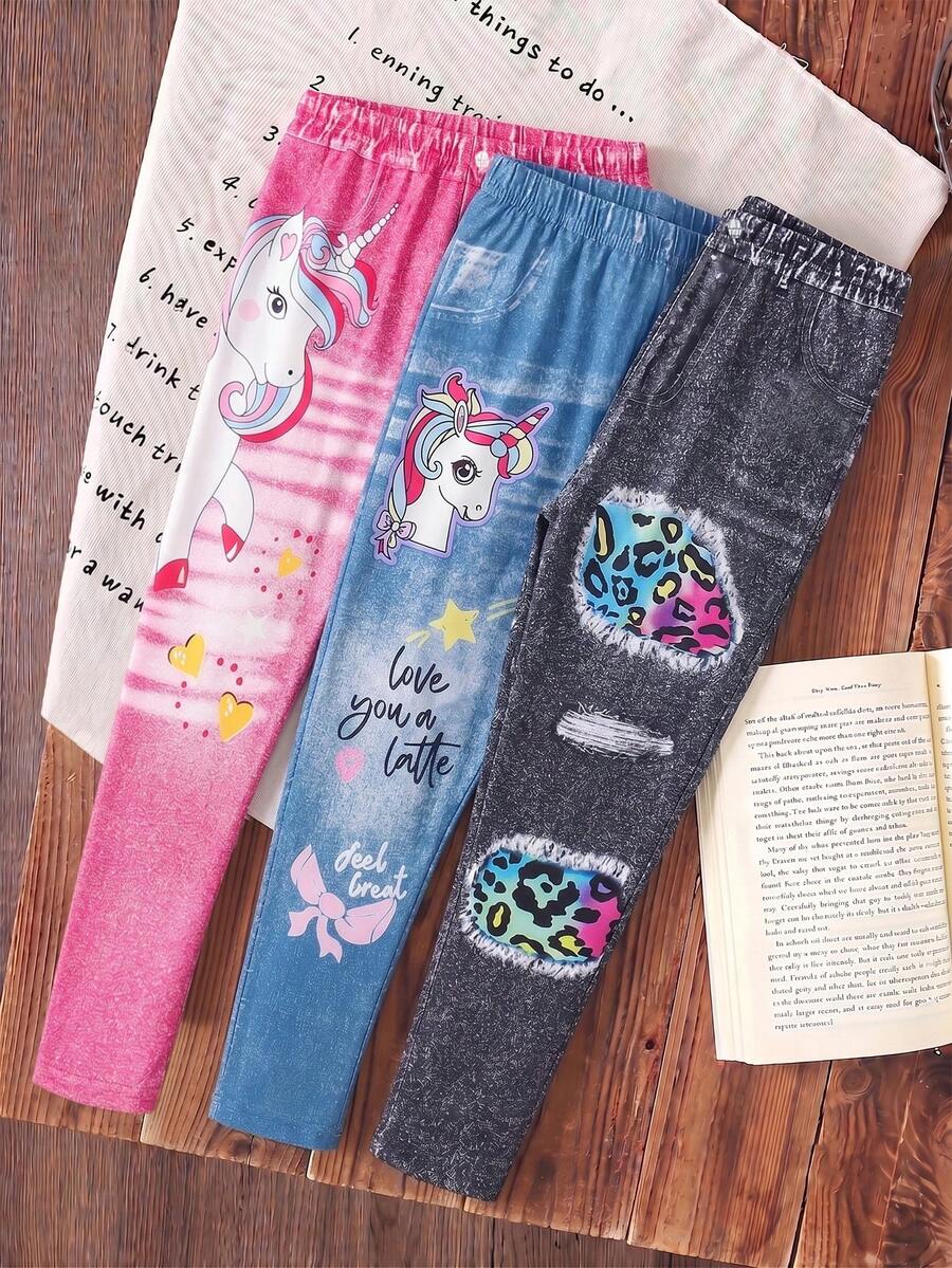 3pcs Young Girl Denim Effect Slim Fit Pants Set - Hot Pink - View 1