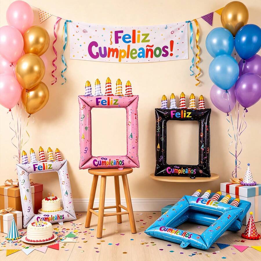 Handheld Candle Birthday Cake Photo Frame Balloon Spanish Happy Birthday Print Feliz Cumpleaños Birthday Party Anniversary Decoration - Multicolor - View 1