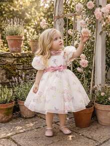 Baby Girls Thick Strap Bow Print Organza Elegant First Birthday Dress Suitable For Flower Girl Wedding, Headband Not Included - Multicolor - View 6